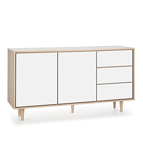 HOMN LIVING Aparador Denia 2 Puertas y 3 cajones Color Roble/Blanco, 140 cm (Ancho) 40 cm (Profundo) 76 cm (Altura)