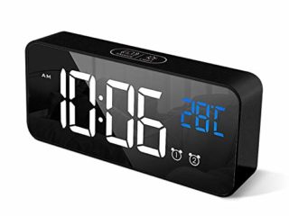 HOMVILLA Reloj Despertador Digital con Pantalla LED de Temperatura, Alarma de Espejo Portátil con Alarma Doble Tiempo de Repetición 4 Niveles de Brillo Regulable 13 Música Despertadores Digitales