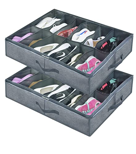 homyfort Juego de 2 Organizador de Zapatos Debajo de la Cama - Titular de la Zapata Bolsas organizadoras de Zapatos con Tapa Transparente 12 Pares x2 Caja Plegable de Almacenaje, Gris Lino, XDUBSB2P
