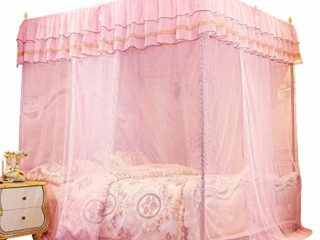 Hongzer Mosquitera, Princesa romántica, Tres Aberturas Laterales, Cortina de Cama para Poste, toldo, mosquitera, Encaje Rosa(L)