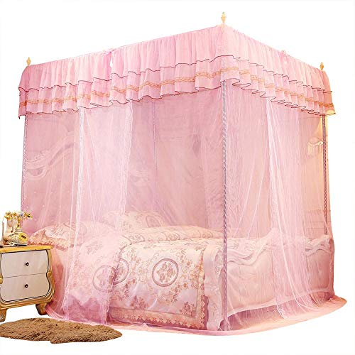 Hongzer Mosquitera, Princesa romántica, Tres Aberturas Laterales, Cortina de Cama para Poste, toldo, mosquitera, Encaje Rosa(L)