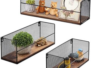HORLIMER Estanteria Pared con Alambre Negro de Metal, Set de 3, Estantes Flotantes Rusticos, Baldas de Madera Maciza para Almacenar y Decorar en Cocina, Baño, Salon, Despacho