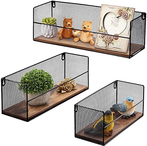 HORLIMER Estanteria Pared con Alambre Negro de Metal, Set de 3, Estantes Flotantes Rusticos, Baldas de Madera Maciza para Almacenar y Decorar en Cocina, Baño, Salon, Despacho