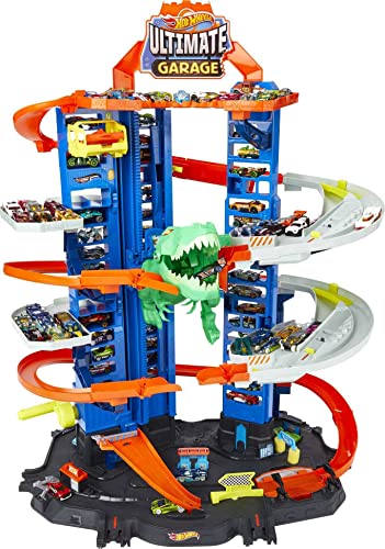 Hot Wheels Megagaraje con T-Rex Robótico - Ascensor y 4 Niveles - Plazas para 100 Coches 1:64 - 2 Coches 1:64 Incluidos - Regalo para Niños de 3+ Años