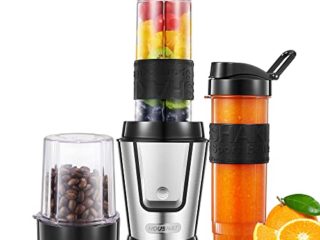 HOUSNAT Batidora de vaso individual 3 en 1, Batidora Smoothie Multifunción con molinillo de café 280ml y 2 Portátil Botellas deportivas 570ml , Acero inoxidable, Apta para lavavajillas, 500W