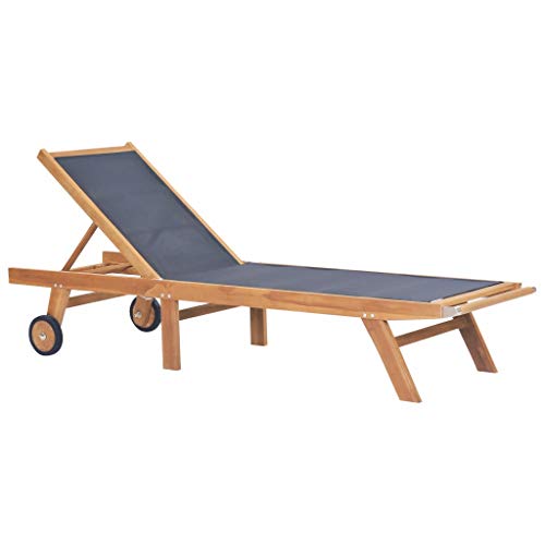 HUANGDANSP Tumbona Plegable con Ruedas Teca Maciza y textilene Mobiliario Muebles de jardín Asientos de Exterior Tumbonas