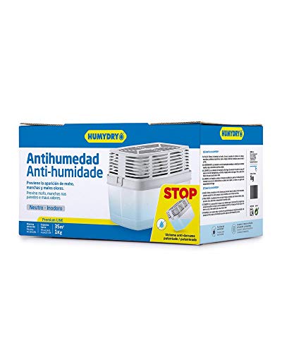HUMYDRY Aparato Antihumedad Premium 1000g. Deshumidificador absorbe humedad para espacios de hasta 35m2. Contiene un recambio de cloruro cálcico de 1Kg