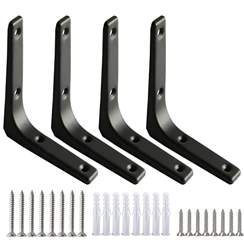 HUSZZM 4 Piezas Escuadras para Estanterias Negras Soporte Balda Flotante Soporte de Ángulo 90 Grado 100 * 100mm Soportes para Estantes Deco Comida Habitación Muebles con Tornillos y Anclajes (Acero)