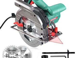 HYCHIKA Sierra Circular 1500W, 4700RPM, 2 Discos 24T+40T: 190mm, Corte 65mm (90º), 45mm (45º), Guía Laser, Motor de Cobre Puro, Extrator de Polvo, 3M Cable