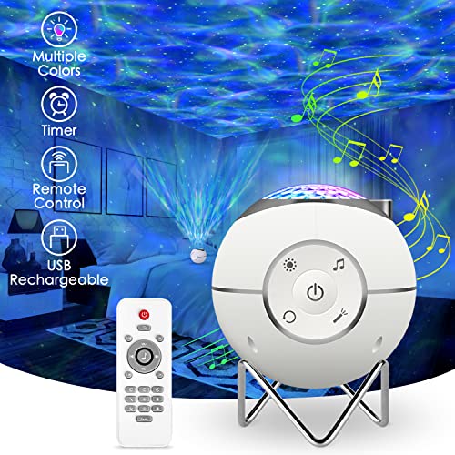 ibell Proyector Estrellas,Lámpara LED de proyección musical recargable por USB con 14 modos y mando a distancia y temporizador y soporte de metal para niños adultos regalos para la noche (Blanco)