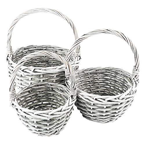 Ideen mit Herz Juego de 3 cestas de mimbre en diferentes tamaños: 14, 18 y 21 cm de diámetro, con asa, color gris, trenzadas, redondas, pequeñas, ideales como cesta vacía