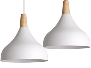 iDEGU 2 piezas Lámpara Colgante Moderna, Lámpara de Techo Madera Metal Estilo Nordico Iluminación E27 Luz de Techo Interior para Comedor Salon Dormitorio, 20CM (Blanco)