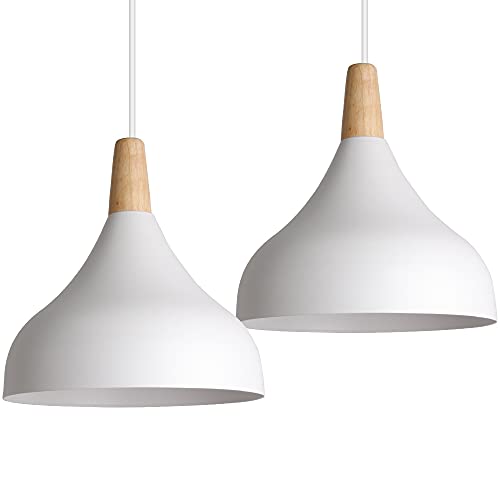 iDEGU 2 piezas Lámpara Colgante Moderna, Lámpara de Techo Madera Metal Estilo Nordico Iluminación E27 Luz de Techo Interior para Comedor Salon Dormitorio, 20CM (Blanco)
