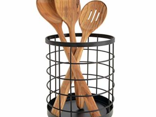 iDesign Porta utensilios de cocina para la encimera, portacubiertos redondo de metal con diseño de rejilla, escurre cubiertos de cocina, negro mate