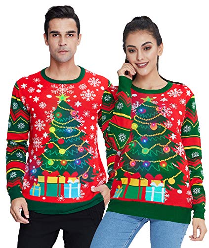 IDGREATIM Jersey de Navidad de punto unisex con luz LED en 3D, diseño navideño, Red Trees, XXL
