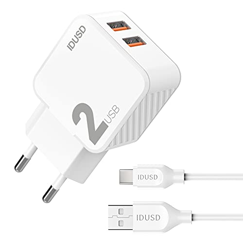 IDUSD Cargador Doble USB 2.4A con Cable 2 Metros USB Tipo C Blanco, Enchufe Cargador de Pared USB 2 Puertos Compatible Samsung S21S20 Huawei P40 Pro P30, Xiaomi Redmi 10 OPPO Vivo Tablet (Blanco)