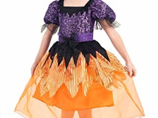 IKALI Disfraz de bruja de halloween para niña, Traje de disfraces de hechicera princesa mágica juego de roles 3 piezas