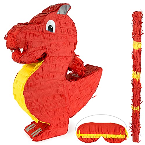 ILP Piñata Cumpleaños de Dragón para Rellenar - Piñatas de Cumpleaños Niño - Piñatas para Rellenar - Piñatas Infantiles con Palo y Máscara - 40 x 10 x 50 cm