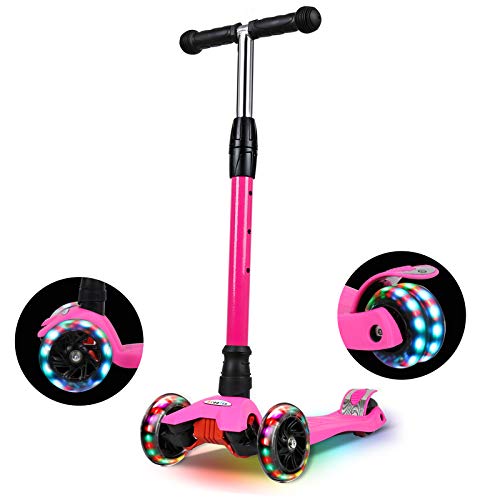 IMMEK Patinete de Tres 3 Ruedas,Patinete de 3 Ruedas Scooter con Led Luces Manillar Altura Ajustable 67-80cm con Freno Posterior para Niños (Rosa)