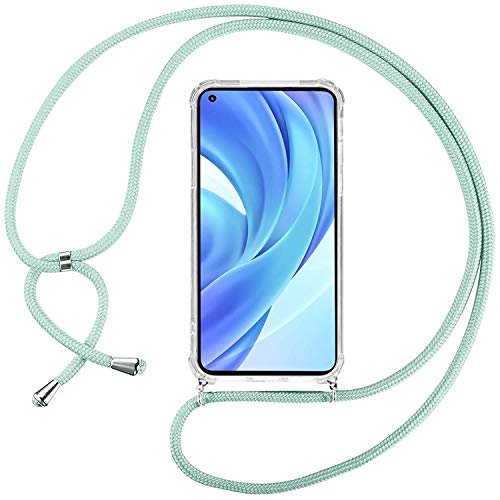 Ingen Funda con Cuerda para Xiaomi Mi 11 Lite 5G, Carcasa Transparente TPU Suave Silicona Case con Correa Colgante Ajustable Collar Correa de Cuello Cadena Cordón, Verde