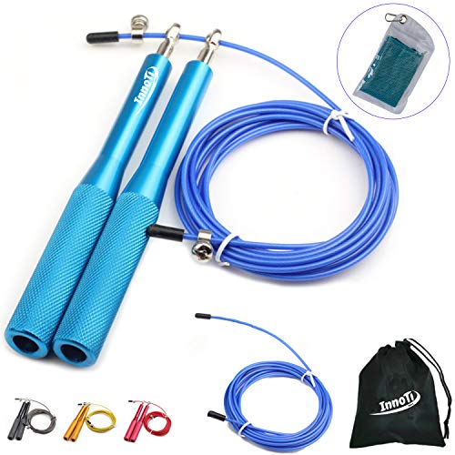 InnoTi Comba de Crossfit para Hombre y Mujer - Cuerda de Saltar de Alta Velocidad para Boxeo y Fitness - Comba de Alumino Ligera Saltos Dobles - Ajustable y con Cable Extra de Repuesto (Azul)