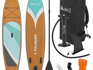 in.tec Tabla de Surf Hinchable Sup Paddle Board con Remo de Aluminio Bomba Antideslizante EVA 320 x 76 x 15 cm Efecto Madera/Gris