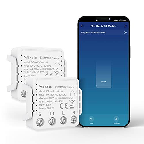 Interruptor Conmutador WiFi, Maxcio Interruptor Luz Inalámbrico 2 Vías Compatible con Alexa Echo/Dot/Tap, Google Home, Mini Relé de Interruptor Inteligente con Temporizaor, 2 Packs