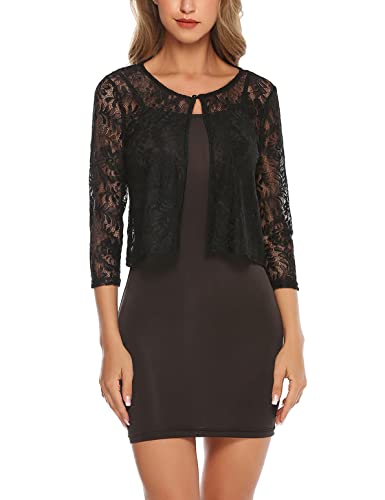 Irevial Bolero Fiesta Mujer Encaje Cardigan Corto Transparente Torera 3/4 Mangas Elegante Bolero Ligero Causal Top de Encaje Verano Negro, L