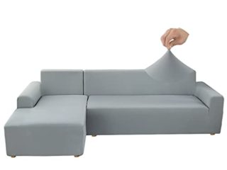 Jaotto Fundas para Sofás Chaise Longue Elásticas,Cubre Fundas de Sofá Cheslong Brazo Largo Derecho Ajustables de Forma L Extraíbles Lavables,Fundas Protectora para Sofa(1 Plaza+2 Plazas,Gris Humo)