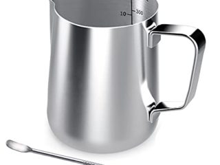 Jarra de leche de acero inoxidable, 350 ml de crema de café de mano, jarra para espuma de leche, jarra con marca de medición y bolígrafo Latte Art, jarras de leche perfectas para barista, capuchino