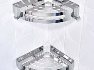 Jaysamay 2Piezas Pegamento Sin Necesidad de Taladrar Estante Ducha, Estantería de Ducha Adhesivo Estante de Almacenamiento Baño Acero Inoxidable 304 Cesta de Ducha para Champú (Estantería de Esquina)