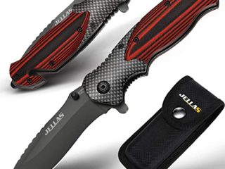 Jellas Cuchillo Plegable Supervivencia, Navaja Táctica con Punta Rompevidrio y Cutter Cinturón, 9Cr18 Acero Inoxidable con Hoja Recubierta de Titanio, Mango de Aluminio+G10, para Acampar, Picnic, Caza