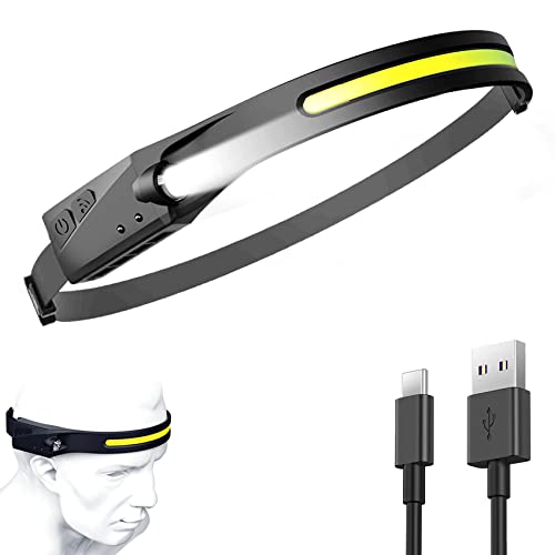 JeoPoom Linterna Frontal LED Type-C Recargable, Faro LED con Sensor, Linterna Cabeza con 5 Modos, Alto Brillante Ajustable A Prueba de Salpicaduras, para Correr, Acampar, Excursión, Pesca