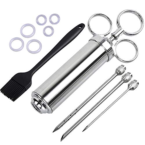 Jeringa de Cocina para Marinar Inyector de Salsas Acero Inoxidable 60ml Inyector de Condimento con 3 Agujas y Cepillo de Limpieza Kit Jeringa para Rellenar Carne Inyector Salsas Asados Pavo Res Pollo