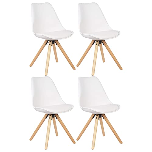 JIASEN Silla de Comedor Moderna nórdica de 4 Piezas Cocina Sala de Estar Recepción Silla de plástico PP Placa de Hierro Patas de Madera Maciza fijas con tapizado Blanco