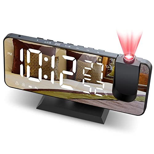 JIGA Despertador Digital Radio FM Despertador Proyector 180° con 7" Pantalla LED de Espejo Puerto USB Alarma Doble 4 Niveles Snooze de Brillos Reloj Despertador Digital para Cocina, Dormitorio,Oficina