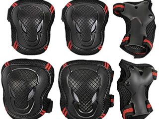 JINYOMFLY Juego de Equipo de Protección para Adultos, Equipo de Protección 6 en 1 Set Rodilleras Coderas Muñequeras para Monopatín, Skate, Patines, Patinaje, Scooter, Bicicleta (Negro Rojo)