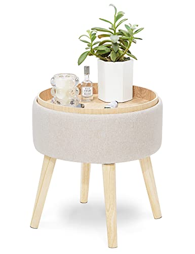 JOHEE Taburete Tapizado con Tapa y Bandeja Mesa Auxiliar Reposapiés Acolchado Puff Otomana Redondo Caja de Almacenamiento Asiento de Lino Patas de Madera Maciza para Salón Dormitorio Pasillo Beige
