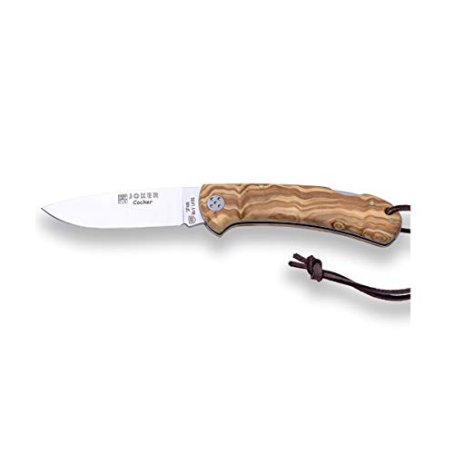 Joker Navaja de Caza Cocker NO134, Mango de Madera de Olivo, Hoja de 9 cm MOVA, con cordón de Cuero, Herramienta de Pesca, Caza, Camping y Senderismo