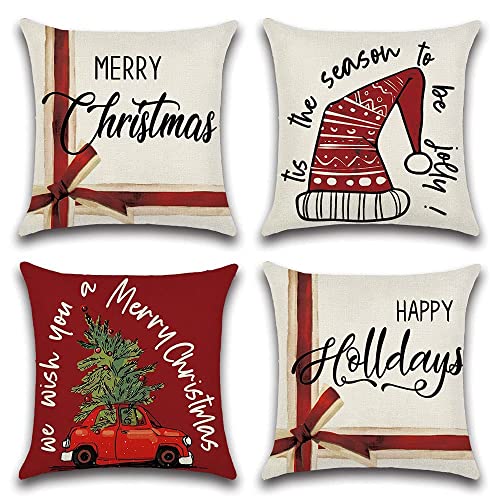 JOTOM Funda de Cojín de Navidad Funda de Almohada Cuadrada Impermeables Navideña para Exteriores para Sofá Dormitorio Sala de Estar 45x45cm,Juego de 4 (Tema de Navidad C)