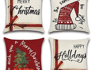 JOTOM Funda de Cojín de Navidad Funda de Almohada Cuadrada Impermeables Navideña para Exteriores para Sofá Dormitorio Sala de Estar 45x45cm,Juego de 4 (Tema de Navidad C)