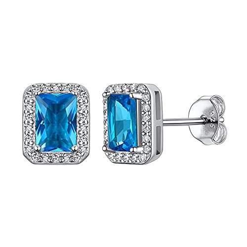 Joyerías Preciosas de Mujeres Pendientes Hipoalergénicos de Orejas con Piedras Cuadradas de Nacimiento Diciembre Zafiro Azul Aretes Modernos Plata de Ley 925 para Parejas