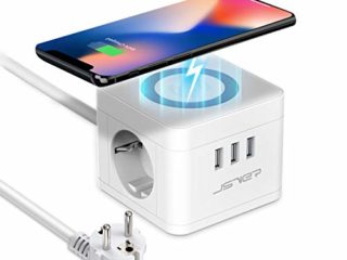 JSVER Regleta Enchufe USB Cube con Cargador Wireless (10W) 3 Puertos de USB y 2 Tomas Regleta Alargador para iPhone Samsung iPad Tablets - Cable 1,5 m-Blanco