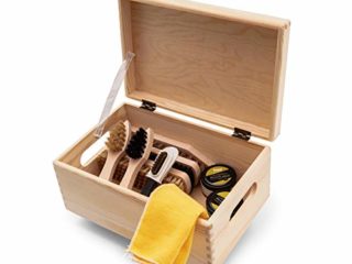 Juego Cuidado Zapatos en Caja de Madera, Caja Limpiabotas, Crema de Base Acuosa Kaps con Cepillos Langlauf, Hecho en Europa, Todo para la Limpieza y Pulido de Calzado de Cuero, 10 Piezas