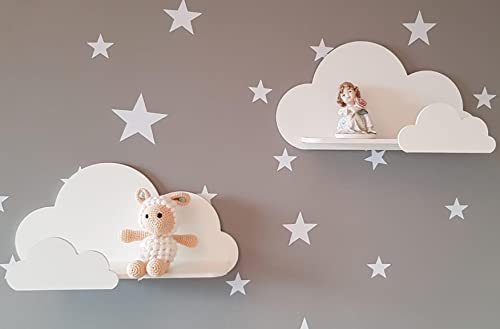 Juego de 2 estantes de pared Happy Woody Cloud para guardería/estante flotante de madera/decoración de habitación de bebé/habitación de cuarto de niños/decoración de pared/juego de regalo (blanco)
