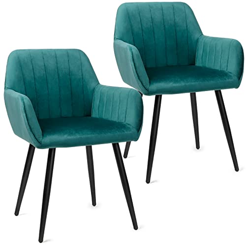 Juego de 2 Sillas de Comedor, Sillas de Terciopelo, Sillas Escandinavas, Silla de Cocina, Acolchada, de Tela, Silla de Salón, Retro, Color Verde Oscuro