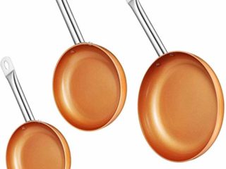 JUEGO DE 3 SARTENES 2 TAPAS COLOR COBRE COPPER PAN APTO PARA HORNO MANGO ACERO