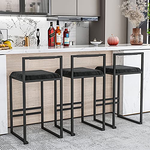 Juego de 3 taburetes de Bar Taburetes Altos Silla de Cocina Reposapiés Taburete Alto Silla de Comedor - Taburetes de Cocina de Altura de Pub - Taburete Negro - Tapizado de Terciopelo