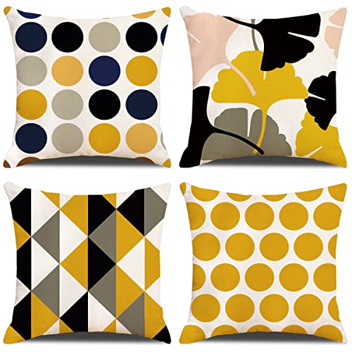 Juego de 4 Fundas Cojines 45x45 linaza Modernas Cojines Decoracion para Sofa (Geometría Amarilla)