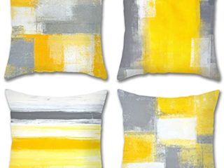 Juego de 4 Fundas Cojines Decorativos Pintura al Óleo Arte Contemporáneo 45x45 cm Decorativa Funda de Almohada Cojín Sauve Modernas para Cama Sofás Sala de Estar Dormitorio, Mostaza y Gris